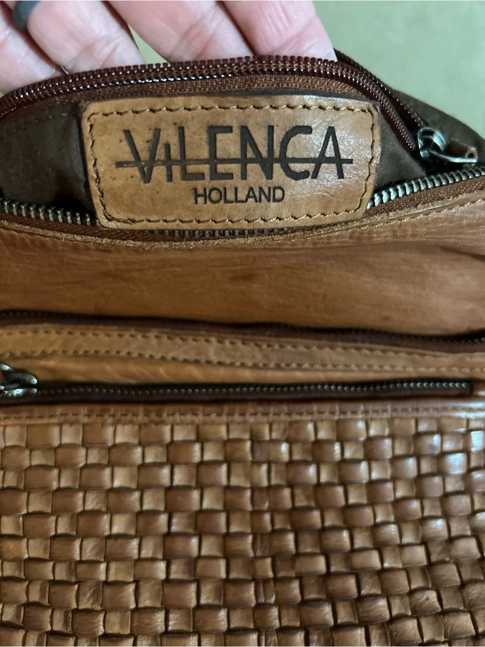 Vilenca Holland Brown Woven Leather Crossbody Handbag